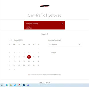 Online hydrovac bookings calender